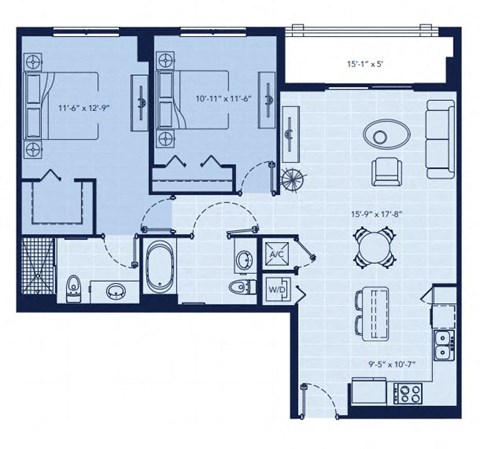 Floor plan for 2 beds, 2 baths, 1005 sqft